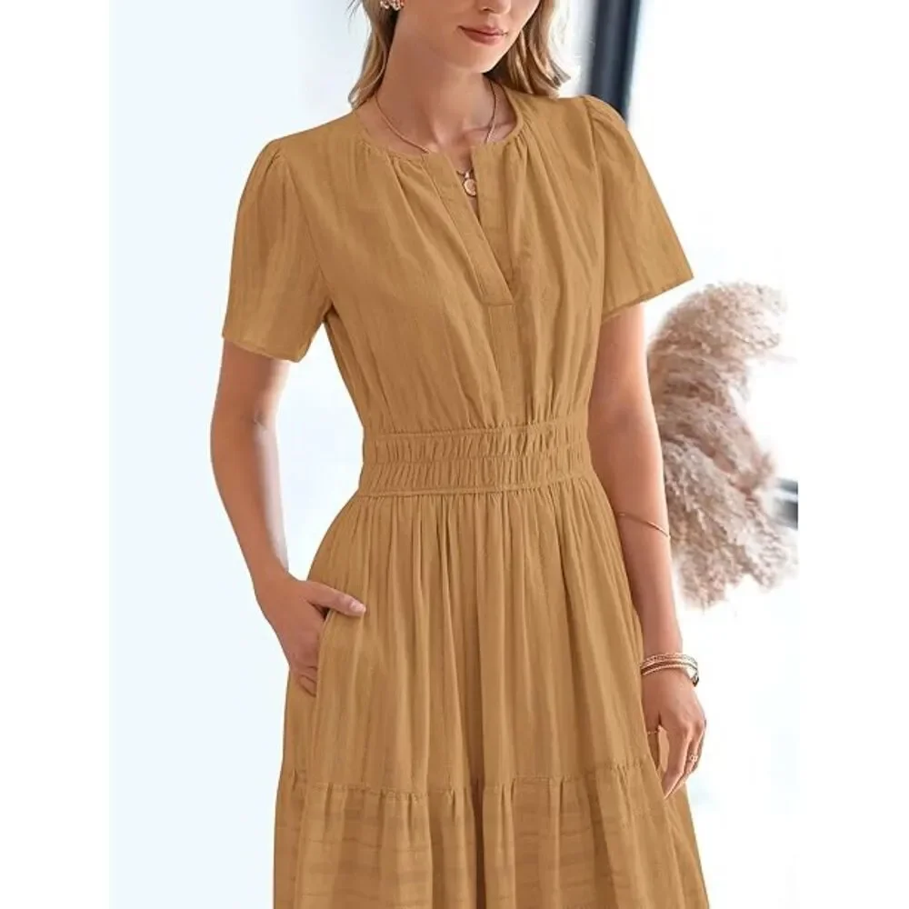 Women's Khaki V Neck Short Sleeve A Line Summer Casual Maxi Dress Pockets